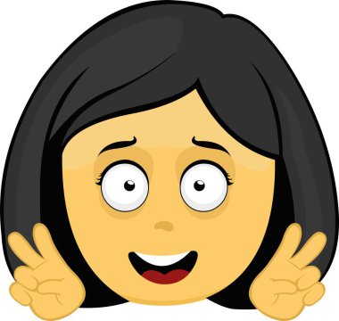 Vector emoticon illustration of a yellow cartoon woman face with a happy expression, making the classic gesture of love and peace or v victory with her hands