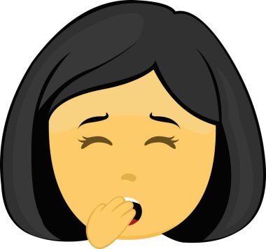 Vector illustration of the face of a yellow female emoji, yawning with her hand in her mouth