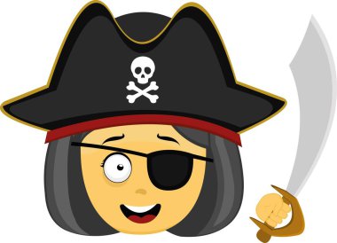 Vector illustration of emoticon of the face of a cartoon pirate woman in yellow, with a hat, eye patch and a sword in her hand