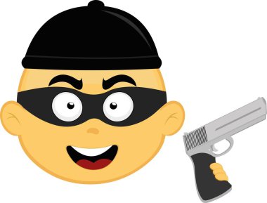 Sarı çizgi film hırsızı, elinde bir silah, şapkası ve maskesi olan vektör emojisi çizimi.