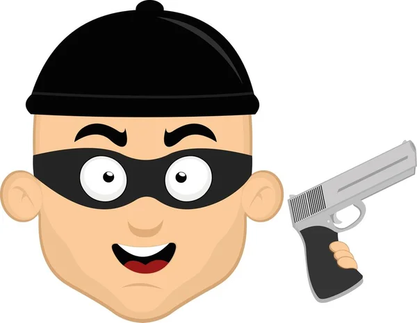 Vektorová Ilustrace Obličeje Kresleného Zloděje Maskou Kloboukem Pistolí Ruce — Stockový vektor