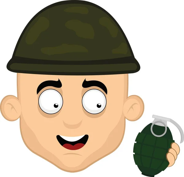 カモフラージュされたヘルメットと手榴弾を手にした漫画兵士の頭のベクトルイラスト — ストックベクタ