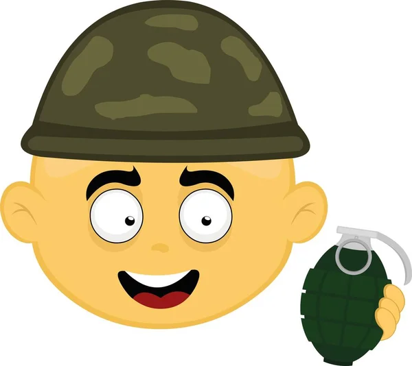 Vector Illustration Yellow Cartoon Soldier Emoji Camouflaged War Helmet Grenade — Stock Vector
