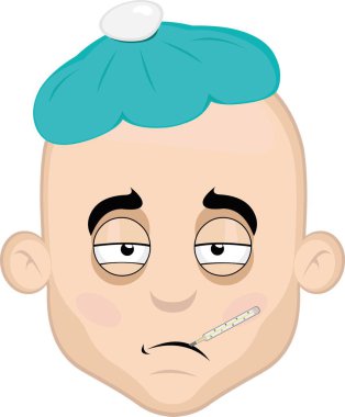 Ağzında termometre ve kafasında su torbası olan hasta bir karikatürcünün vektör çizimi.