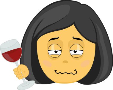 Bir bardak şarapla sarhoş bir karikatürist kadının yüzünün vektör emojisi.
