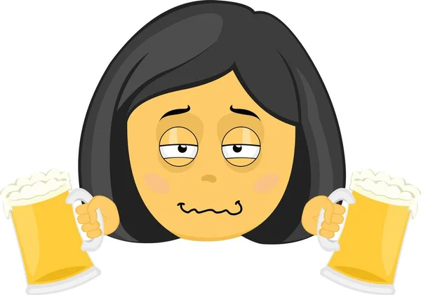 Vector Emoji Illustration Drunk Yellow Cartoon Woman Beers Her Hands — Stock Vector