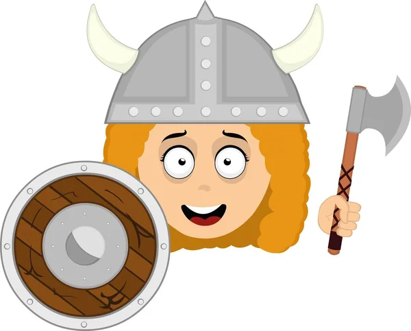 Vektorová Ilustrace Obličeje Vikingové Přilbou Štítem Sekerou Ruce — Stockový vektor