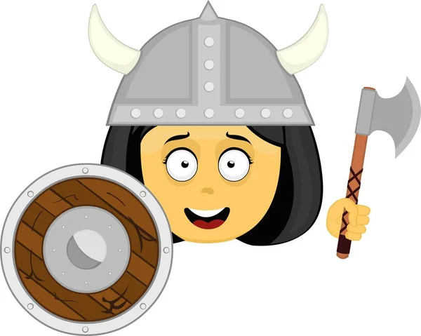 Vektorové Emoji Ilustrace Žluté Kreslené Vikingové Helmou Štítem Sekerou Ruce — Stockový vektor
