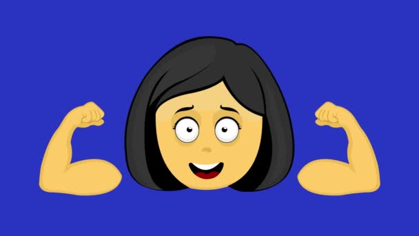Loop Animation Emoji Yellow Cartoon Woman Showing Biceps Her Arms — Stock Video