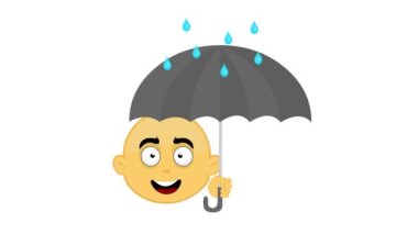 Beyaz arka planda, elinde şemsiye ve yağmur damlaları olan sarı bir çizgi film karakterinin Emoji animasyonu.