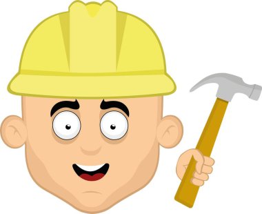 İnşaat miğferi ve elinde çekiç olan bir inşaatçının yüzünün vektör çizimi.