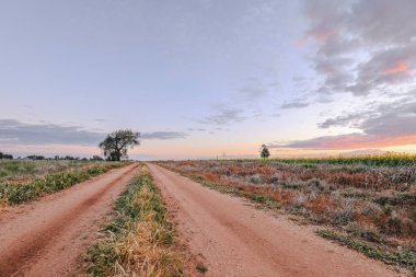Avustralya 'da Victoria' da güneş köy yolunda batıyor. Avustralya 'da öğleden sonra. Peyzaj resmi,