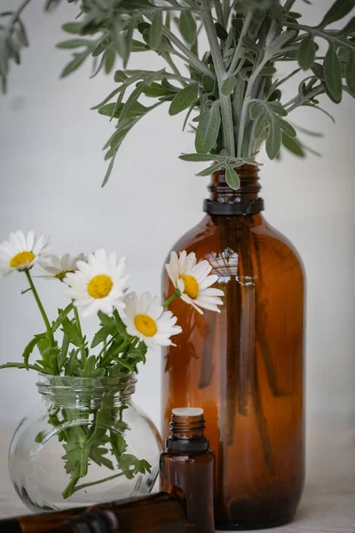Bunga Krisan Dipajang Dengan Botol Minyak Amber Esensial Pada Latar — Stok Foto