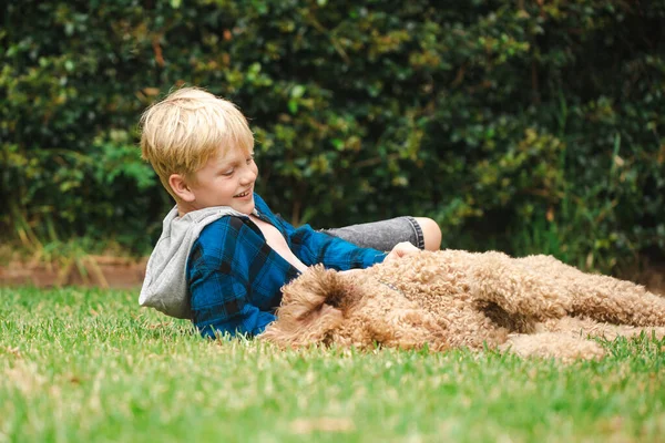 Симпатична Блондинка Підліток Лежить Траві Граючи Щасливим Собакою Побратимом — стокове фото