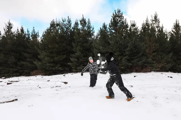 Meninos Felizes Jogando Inverno Nevado País Das Maravilhas Ter Luta — Fotografia de Stock