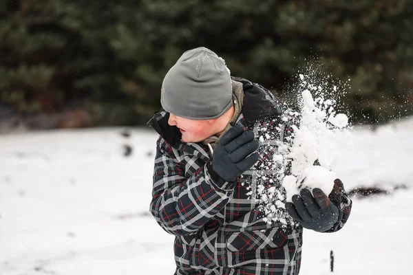 Мальчик Играет Снежной Зимней Стране Чудес — стоковое фото