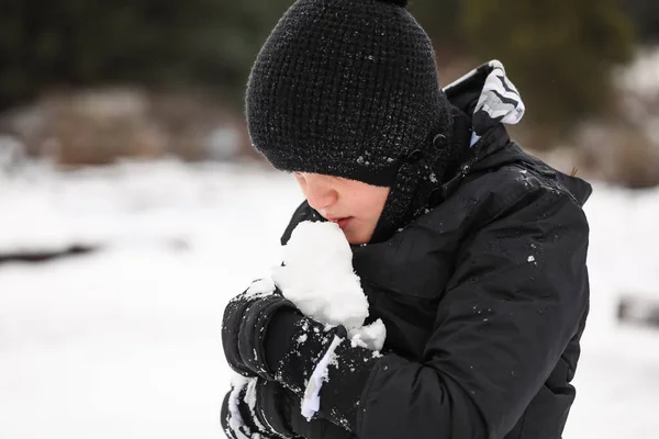 Мальчик Играет Снежной Зимней Стране Чудес Ест Снег — стоковое фото