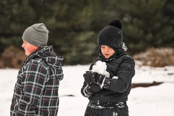 Karlı kış harikalar diyarında oynayan mutlu çocuklar