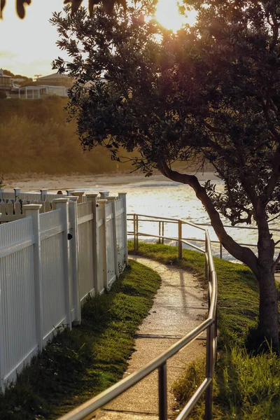 White Picket Fence Sea Beathed Golden Afternoon Sunlight — kuvapankkivalokuva