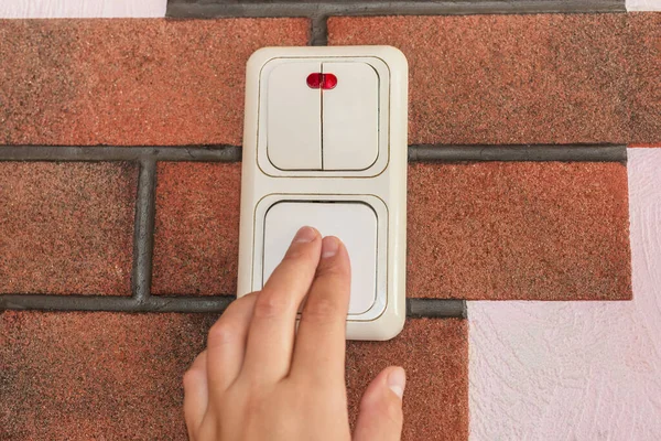 Close Female Finger Turn Lighting Switch Home Power Energy Saving — Stock Photo, Image