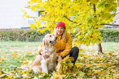 Sonbahar sarı yaprakları arasında av köpeğiyle yürüyen bir kadın.