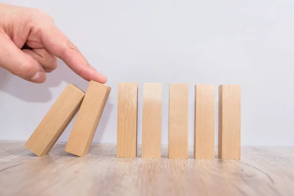 Hand Stops Protects Fall Wooden Block Risk Protection Concept Domino — Stock Photo, Image