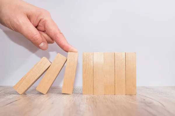 Hand Stopping Wooden Domino Business Crisis Effect Risk Protection Concept — Stock Photo, Image