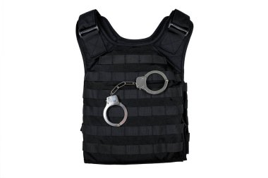 Beyaz arkaplanda siyah zırh ve kelepçe var.