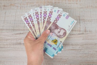 Bir kadının elinde Ukrayna Hryvnia 'sı. Yakın plan.