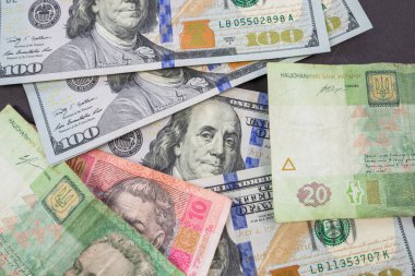 Hryvnia ve Dolarlar 'a yakın çekim. Yakın çekim. Finansal geçmiş. Para geçmişi. Değişim konsepti
