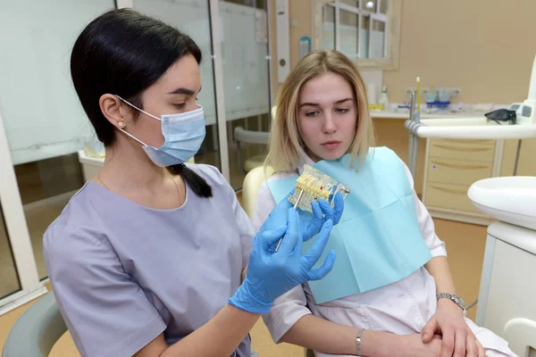 Οδοντίατρος Που Δείχνει Ένα Τεχνητό Σαγόνι Έναν Πελάτη Οδοντίατρος Δείχνει — Φωτογραφία Αρχείου