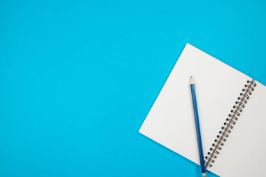 Yukarıdan çekilmiş bir iş yeri fotoğrafı, izole edilmiş mavi bir arkaplanda bir not defterinde bir kalemle. Boşluğu kopyala