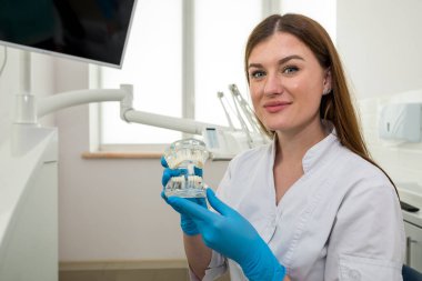 Ellerinde yapay çenesi olan kadın dişçi.