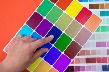 El bir renk kataloğundan bir renk seçer. Parmağı olan kişi boyanmak için palette seçilen rengi gösterir. Renk kataloğu fanı. İç tasarım seçimi kavramı