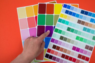 El bir renk kataloğundan bir renk seçer. Parmağı olan kişi boyanmak için palette seçilen rengi gösterir. Renk kataloğu fanı. İç tasarım seçimi kavramı