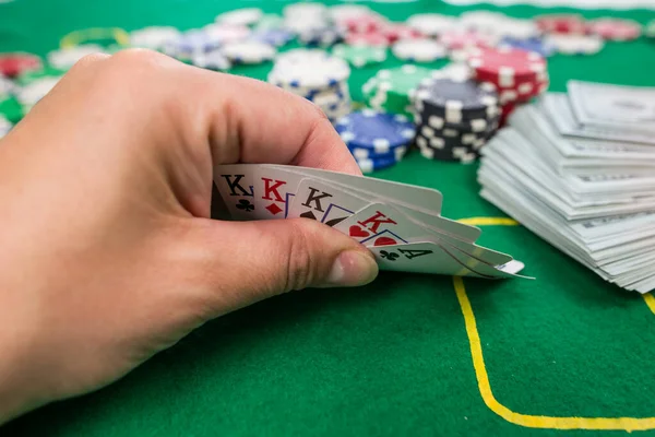 Close Human Hand Playing Cards Green Casino Table Gamble Poker — Stok fotoğraf