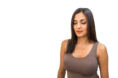 Close-up of a beautiful sexy brunette woman with a big bust on a white background with copy space. Banner, template.