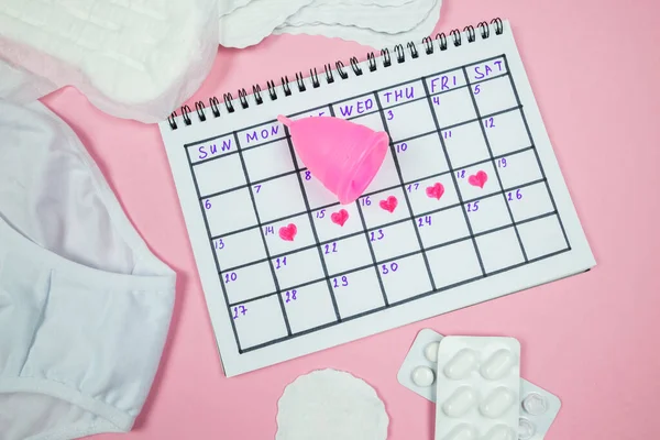 Calendar Photo Underwear Menstrual Cup Sanitary Napkins Isolated Pastel Pink — 图库照片