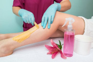 leg sugaring. A beautician makes a sugar paste depilation of a woman's legs in a beauty salon. Female aesthetic cosmetology. Apply sugar paste with a wooden spatula.