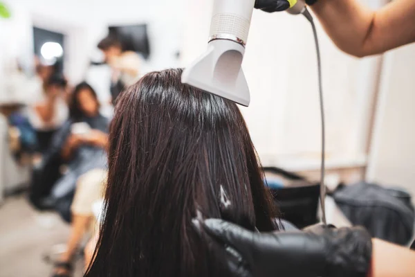 Drying long dark hair with a hairdryer.professional hairdresser dries the hair of a client in the salon, hairstyle beauty hair care, fashion service.