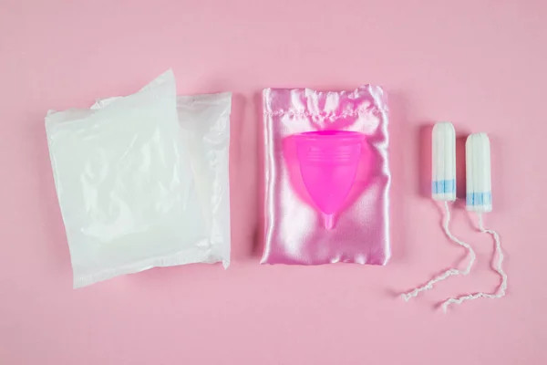 Women Tampons Menstrual Cup Pads Pink Background Feminine Hygiene Menstruation — стоковое фото