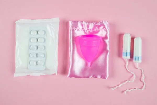 Women Tampons Menstrual Cup Pads Pink Background Feminine Hygiene Menstruation — Zdjęcie stockowe