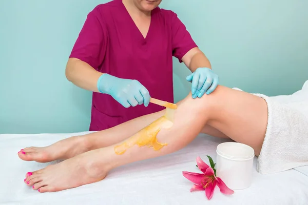 leg sugaring. A beautician makes a sugar paste depilation of a woman's legs in a beauty salon. Female aesthetic cosmetology. Apply sugar paste with a wooden spatula.