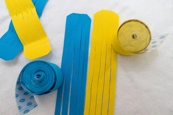 Blue Yellow Tapes Kinesio Taping — Stock Photo, Image