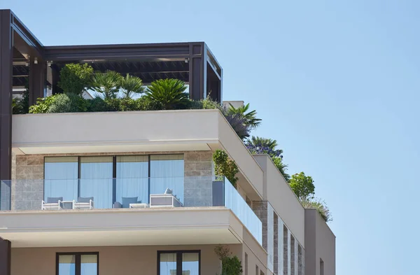 Palms and plants grow on the rooftop patio on modern residential building in europe — Stock Photo, Image