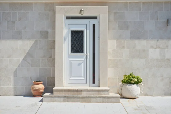 Puerta delantera blanca con cristal en la fachada de la casa —  Fotos de Stock