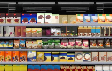 Süpermarkette raftaki mısır gevrekleri 3D resimleme, diğer pek çok kutu paketlerinin yeni tasarımlarının sunulması için uygundur.