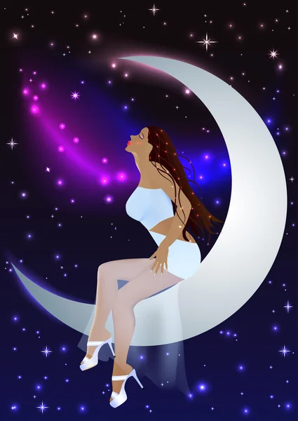 Beautiful girl moon and stars — Stock Vector