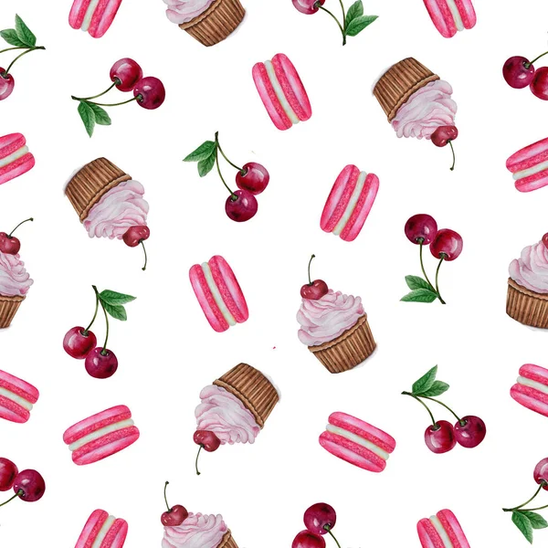 Watercolor Seamless Pattern Cakes Cherries Macaroons White Background — Photo