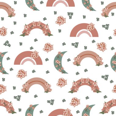 Vector seamless abstract pattern with rainbow, moon, and flowers. Can be used as background printed, for bed linen design, packaging design.